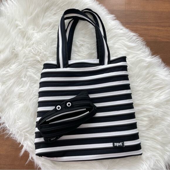 ZIPIT Campus Large Tote Shoulder Bag Black White Teeth Pencil Case Zipper Purse - Picture 1 of 6